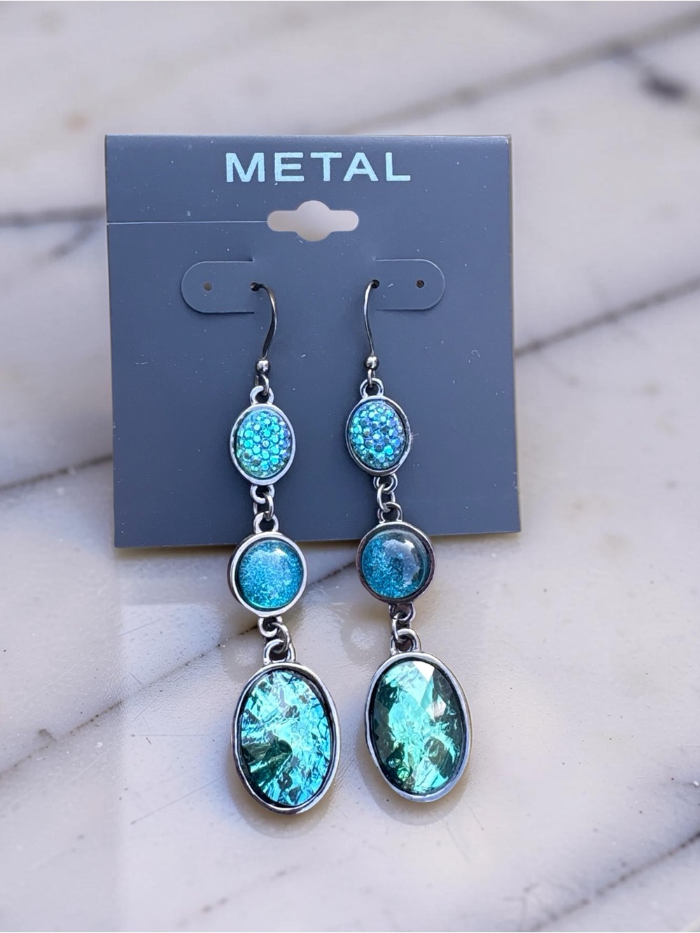 Metal Teardrop Dangle Earrings with Aqua Blue Accents